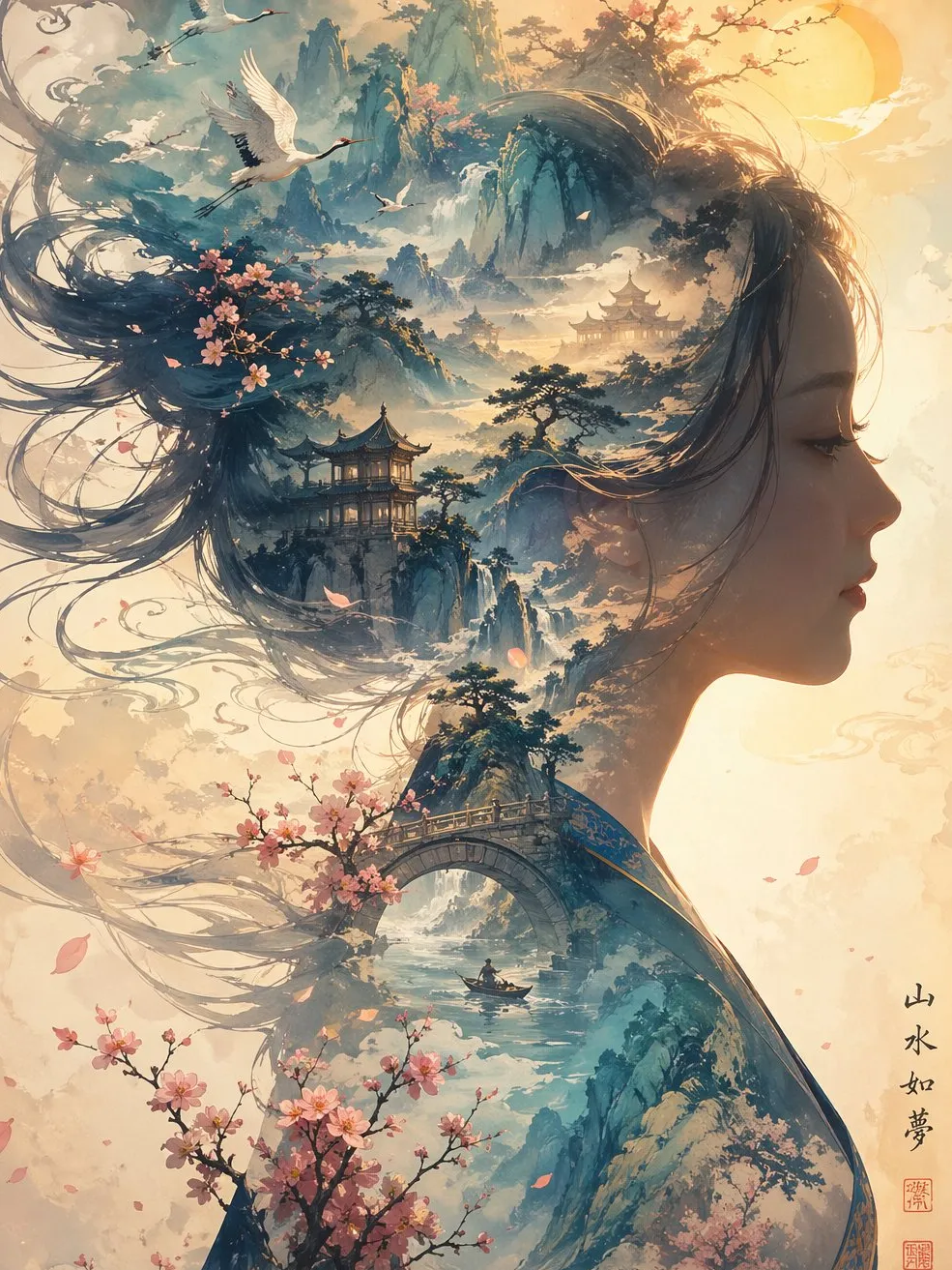 一幅梦幻般的水墨风美女插画